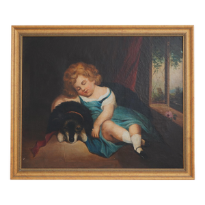 Framed 19th Century Oil Painting on Canvas of Child W. Dog