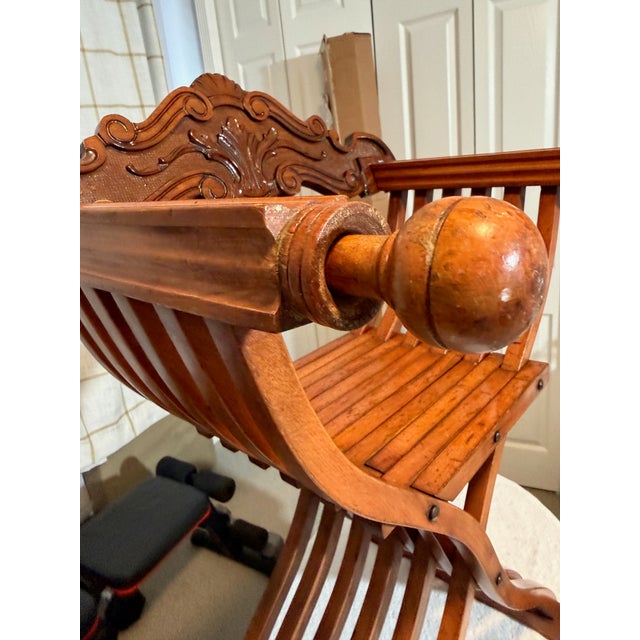 Mid 20th Century Italian Renaissance Savonarola Dante Master Chair Hand Carved Vintage Folding For Sale - Image 5 of 13