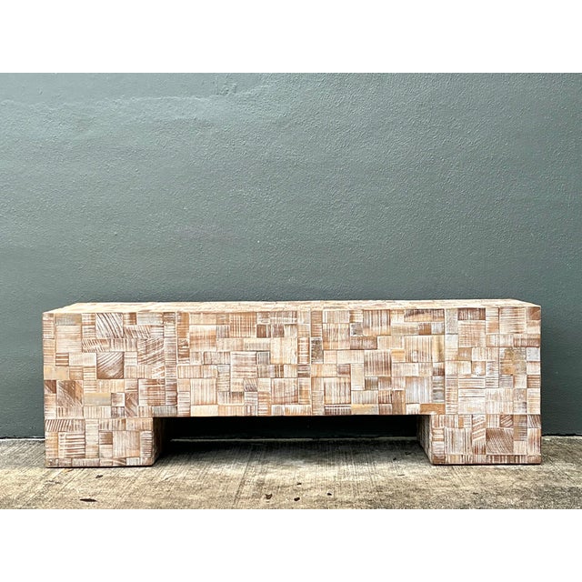 Late 20th Century Vintage Geometric Patterned Wood Bench For Sale - Image 5 of 12