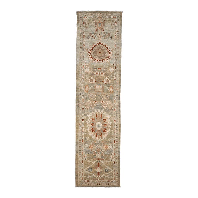 Persian Sultanabad Wool 3x12 Khaki, Slate, & Rust Handmade Runner Rug #1142113 For Sale