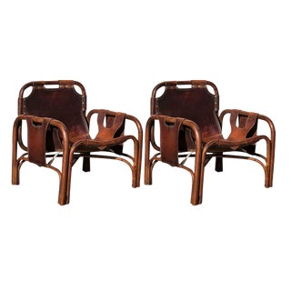 Mid-Century Italian Leather and Bamboo Lounge Chairs by Tito Agnoli, 1960s, Set of 2 For Sale