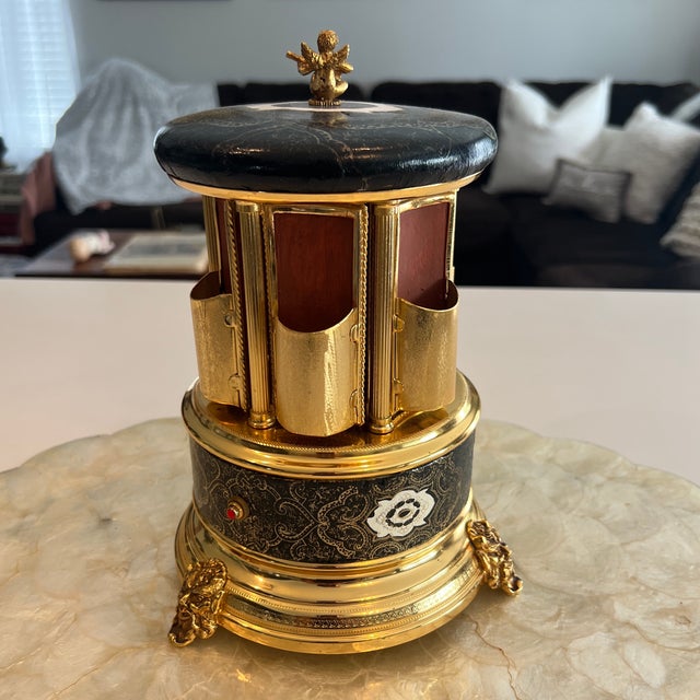 Brown 1940s Mid-Century Italian Reuge Ballerina Leather Lipstick Musical Carousel Music Box For Sale - Image 8 of 10