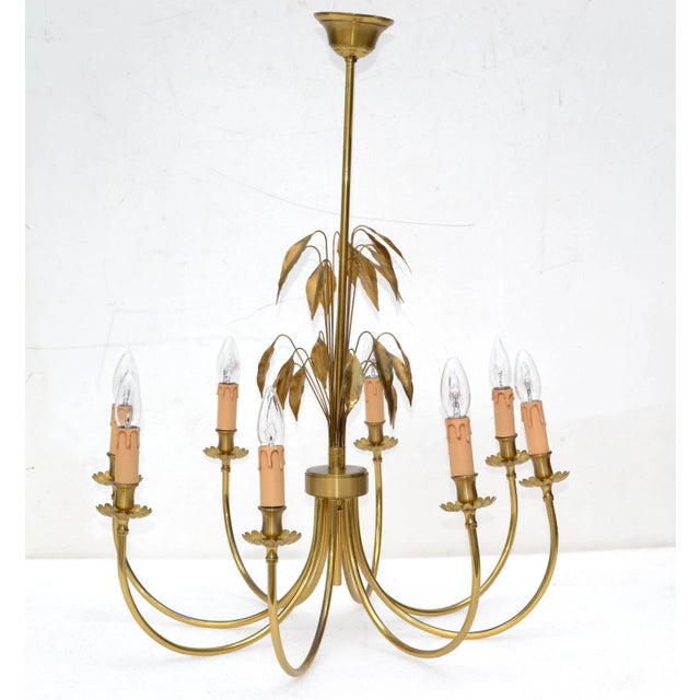 Brass Maison Charles Style Feuilles Gold Leaf & Brass 8-Light Chandelier France 1960 For Sale - Image 8 of 13