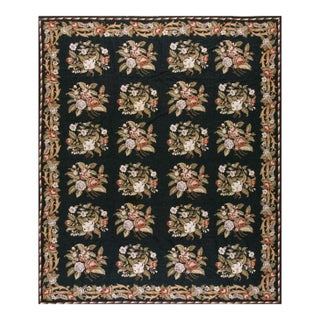 1980s Black Floral European Vintage Needlepoint Carpet 7'10'' X 9'6'' Flatweave Wool Rug For Sale