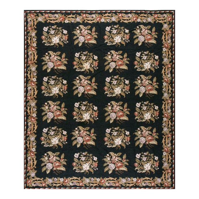 1980s Black Floral European Vintage Needlepoint Carpet 7'10'' X 9'6'' Flatweave Wool Rug For Sale