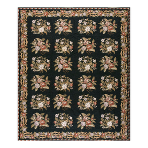 1980s Black Floral European Vintage Needlepoint Carpet 7'10'' X 9'6'' Flatweave Wool Rug