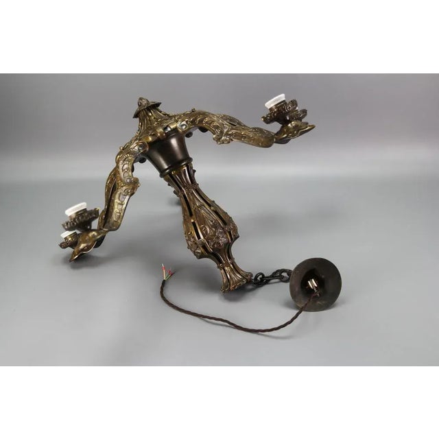 Art Deco Five-Light Bronze and Glass Floral Motif Chandelier, 1920s For Sale - Image 15 of 18