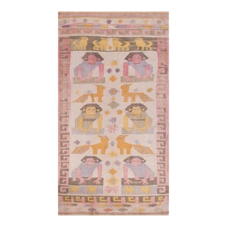 1930s Ivory Scene Pictoral Antique Indian Dhurrie Rug 4' X 7' Flat Weave Cotton Carpet For Sale
