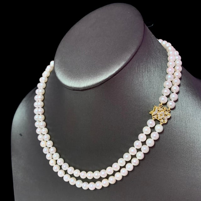2010s Diamond Akoya Pearl 2-Strand Necklace 18k Gold Certified For Sale - Image 5 of 9