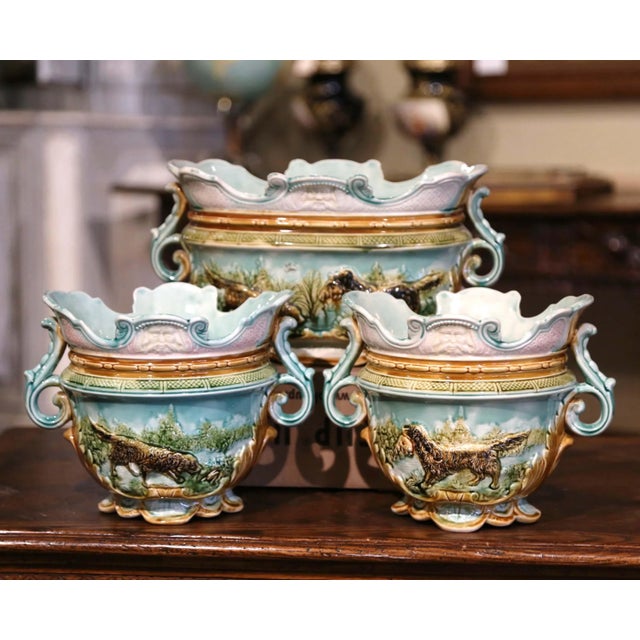 Blue 19th Century French Barbotine Hunt Motifs Cache Pots and Jardiniere, Set of 3 For Sale - Image 8 of 12