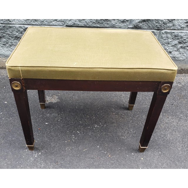 1940s Mahogany and Upholstered Bench With Brass Capped Legs and Medallions For Sale - Image 4 of 8