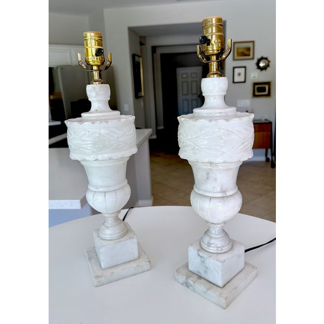 Metal Pair of 1950's Italian Neoclassic Alabaster Table Lamps For Sale - Image 7 of 18