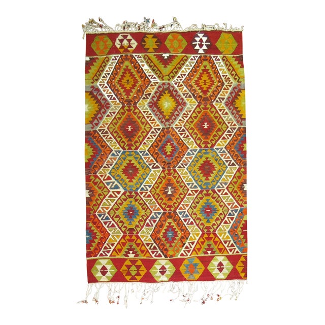 Vintage Zabihi Collection Bright Turkish Kilim Geometric Tribal Flat-Weave - 5'8" x 8'4" For Sale
