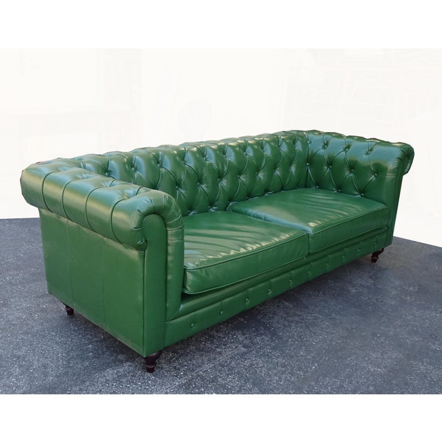 Modern Vintage Chesterfield Sofa Green Tufted Leather Couch For Sale - Image 3 of 12