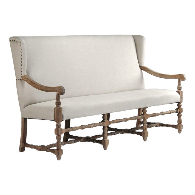 Franck Oversized Tall Back Bench in Natural Linen For Sale