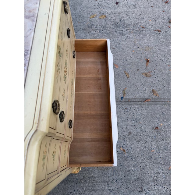 Vintage French Provincial Cream Floral Painted Four Drawer Dresser With Marble Top For Sale - Image 9 of 12