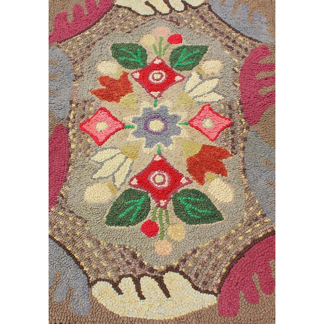 Early 20th Century Antique American Hooked Floral Rug With Multi Colors Light Brown, Green, Yellow For Sale - Image 5 of 8