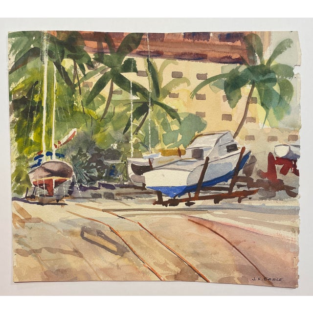 1970s Tropical Boats Watercolor by Earle For Sale - Image 4 of 4