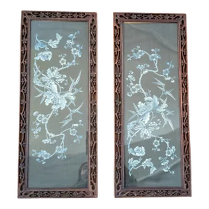 Early 20th Century Pair of Chinese Export Silk Textile Panels in Wood Frames