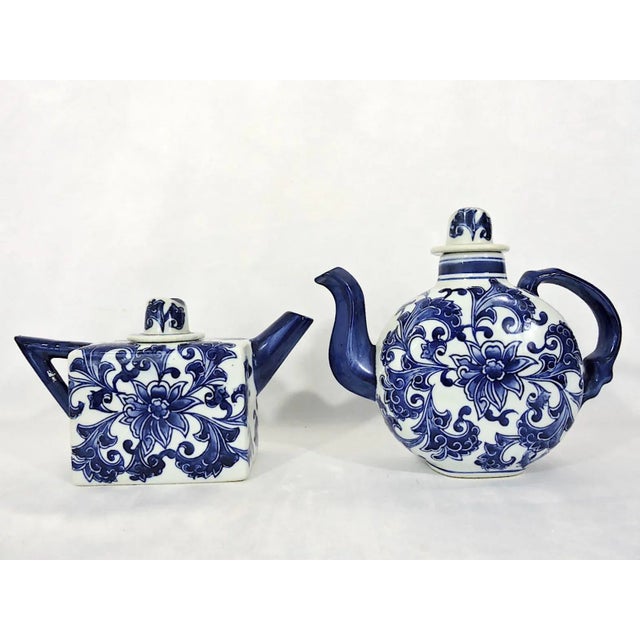 Vintage Chinese Blue & White Porcelain Tea Pot Set & Ornamental Egg Paperweight - 3 Pieces For Sale - Image 4 of 8