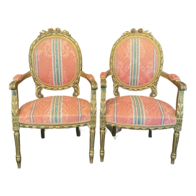 French Louis XVI Style Giltwood Armchairs -a Pair For Sale