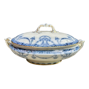 Antique 19th Century Burgess & Leigh Covered Tureen Vegetable or Casserole Dish Victorian Flow Blue in Napoli Pattern