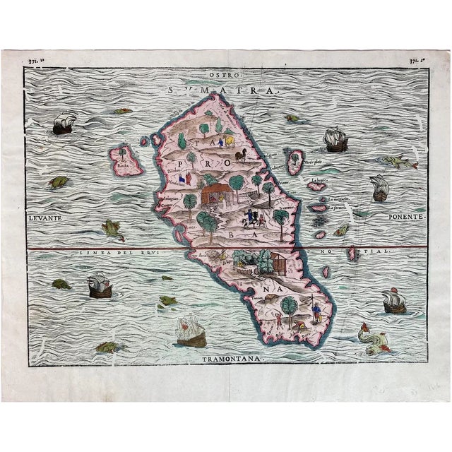 Hand-Colored Woodcut Map of Sumatra from Ramusios Delle Navigationi, 1606 For Sale