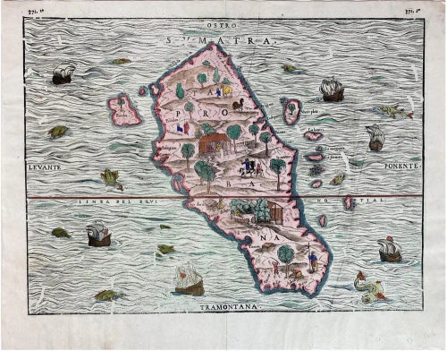 Hand-Colored Woodcut Map of Sumatra from Ramusios Delle Navigationi, 1606