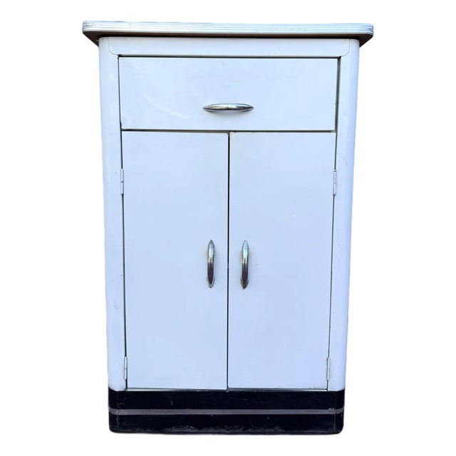 1940s Art Deco White Metal Utility Cabinet With Chrome Details For Sale