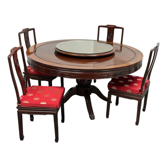 Vintage Asian Rosewood Round Dining Table + Four Chairs, Set For Sale