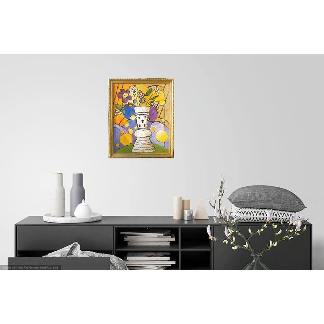 Bright and vibrant oil painting on wood panel. The painting is of a beautiful bouquet of flowers in a sculptural vase. The...