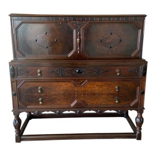 1900s Jacobean Revival Antique Secretary Flip Top Desk by Robert W. Irwin for Royal Furniture For Sale