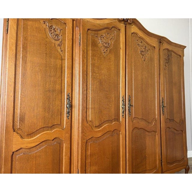 Wood Vintage French Louis XVI Style Carved Oak 4-Door Armoire For Sale - Image 7 of 14