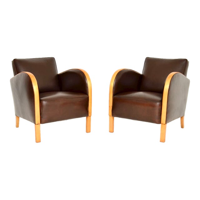 Art Deco Swedish Armchairs in Satin Birch and Leather, 1930s, Set of 2 For Sale