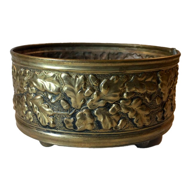 1950s English Oak Leaf Brass Planter, Footed For Sale