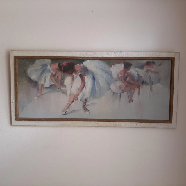 A mid-century oil painting inspired by Degas, depicting ballerinas in awkward, dynamic poses with visible strain and unidealized forms.