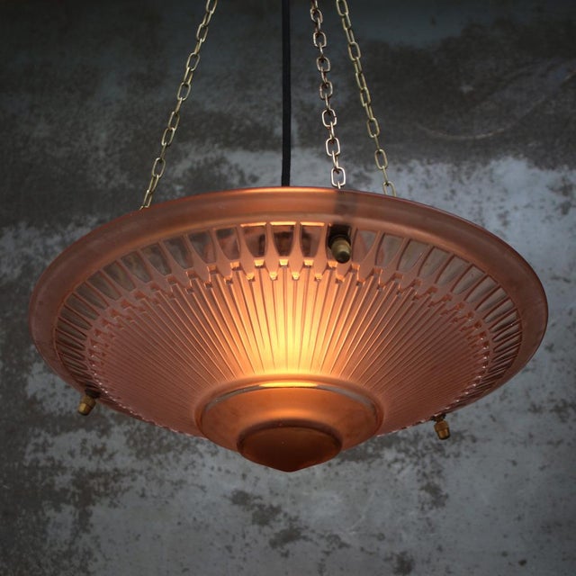Metal Art Deco French Brass and Red Pink Glass Pendant Light, 1920s For Sale - Image 7 of 11