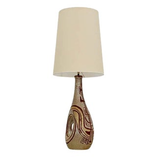 Accolay Ceramic Lamp with Brown Decoration on Background of Crisp Yellow and Cream Glaze, France, 1960s For Sale