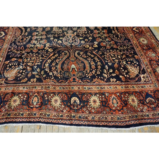Navy Blue 1930s Blue Navy Floral Antique Persian Sarouk Farahan Carpet 8'8" X 12'8" Woven Wool Rug For Sale - Image 8 of 9