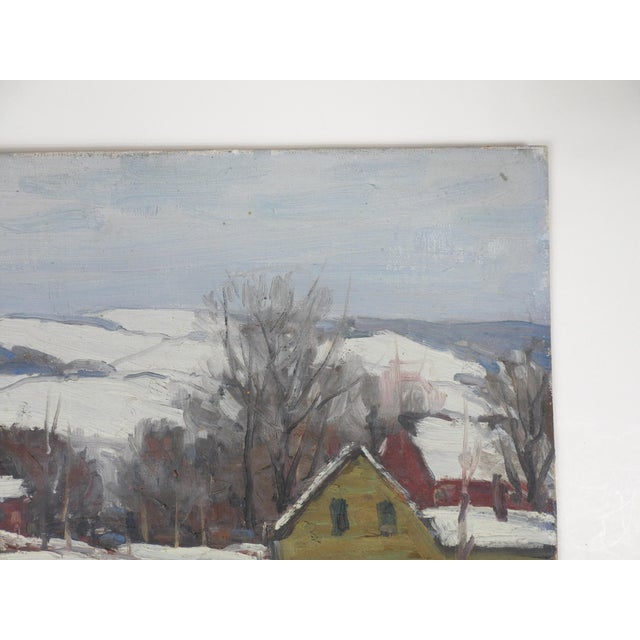 Early 20th century oil on canvas board painting of a snowy winter farm landscape. Signed illegibly on verso. Unframed,...