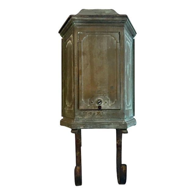Patinated Wall Mount Metal Mail and Paper Box with Door For Sale