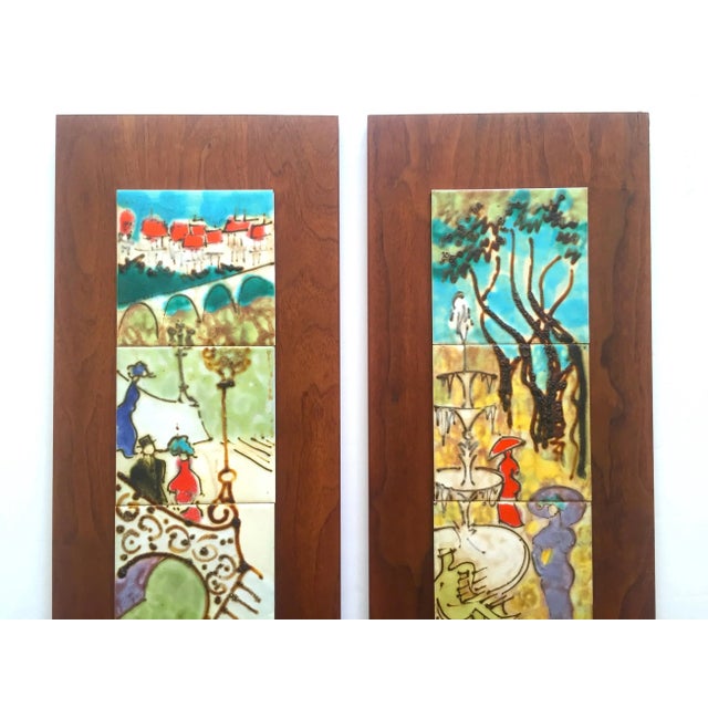 This set of two Harris Strong rare vintage Mid Century Modern hand painted ceramic tile walnut wood one of a kind wall art...
