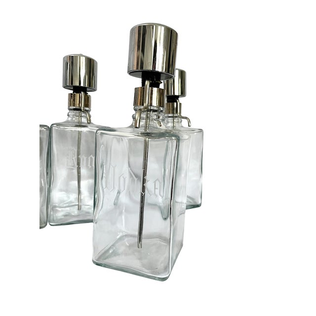 G. Briard Vintage Mid-Century Etched Glass & Chrome Liquor Dispenser Bar Bottles — Set of 6 For Sale - Image 4 of 13
