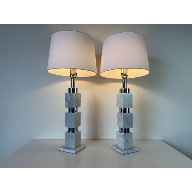 Mid-Century Modern Pair of Vintage Italian Stacked Marble & Chrome Table Lamps For Sale - Image 3 of 12
