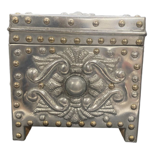 1990s Repousse Steel Metal Folk Art Lined Hinged Box Signed by Artist For Sale