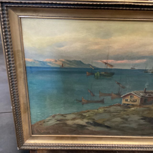 Teal Early 20th Century Swedish Small Harbor Painting, Framed For Sale - Image 8 of 10