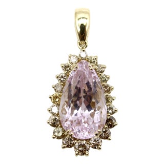 1990s Vintage 14k Gold Kunzite and Cognac Diamond Pendant For Sale