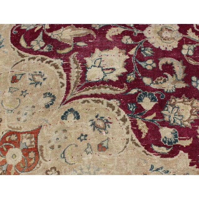 Layered Floral Medallion Antique Persian Mashad Rug in Red, Blue and Cream For Sale In Atlanta - Image 6 of 13