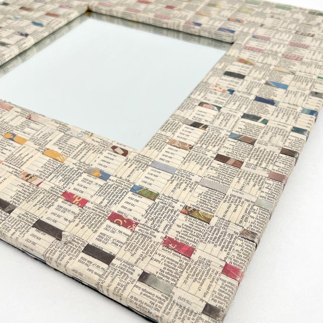 Vintage 1980s Tramp Art Square Folded Phone Book Pages Hanging Mirror For Sale In Philadelphia - Image 6 of 9