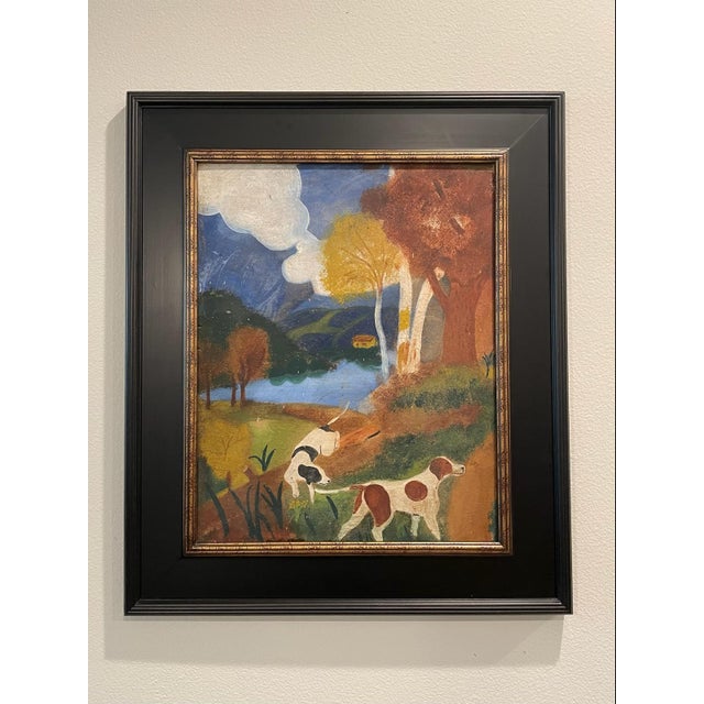 The black wood Frame with touch of gilt on border is updated for magnificent work of art. A Folk art, untitled, Inspiring...